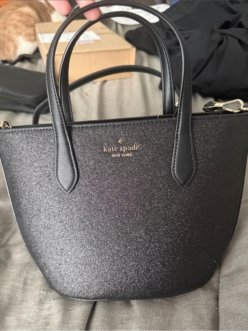 kate spade black glitter tote with top handles